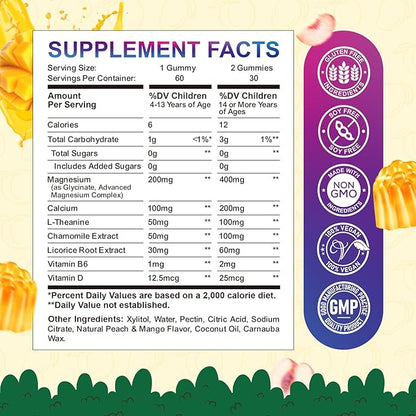 Center-Filled Kids Magnesium Gummies - Magnesium Glycinate Gummies for Kids Adults with L-Theanine, Chamomile, Licorice, Vitamin D, B6 for Sleep, Relaxation, Brain & Muscle - Sugar Free Peach & Mango