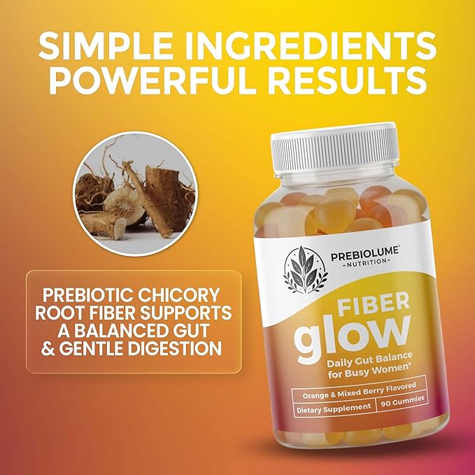 Fiber Glow Gummies – Prebiotic Fiber Gummies for Adults with Chicory Root for Digestive Health, Regularity & Gut Wellness - Vegetarian, Non-GMO, Orange & Mixed Berry Flavored, 60 Count