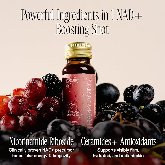 Happy Aging Liquid NAD+ Supplement for Women | Liposomal Nicotinamide Riboside & Resveratrol Shots for Energy, Skin Health & Brain Fog | NMN Alternative with Antioxidants | 10 Shots, 30-Day Supply