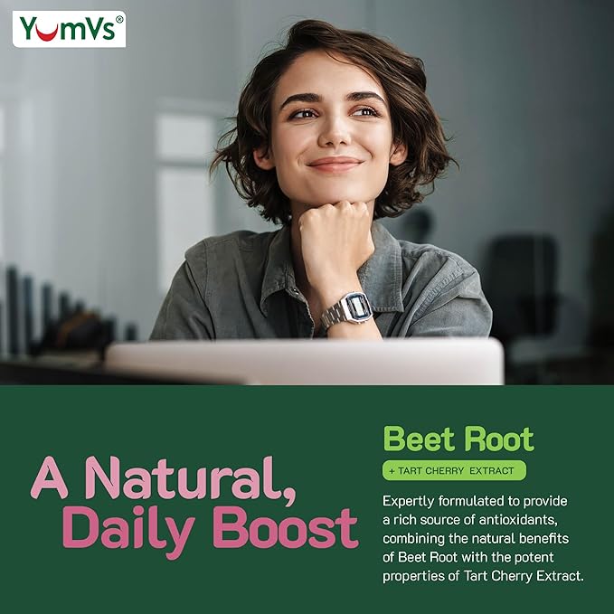YUM-V'S Beet Root Gummies with Tart Cherry Extract - Berry Flavor Beetroot Gummies - Beet Chews for Blood Circulation and Antioxidant Support - Red Beets Gummies (Berry 60 Count (Pack of 1)