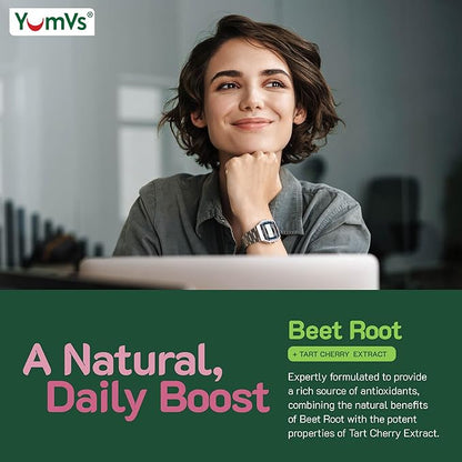 YUM-V'S Beet Root Gummies with Tart Cherry Extract - Berry Flavor Beetroot Gummies - Beet Chews for Blood Circulation and Antioxidant Support - Red Beets Gummies (Berry 60 Count (Pack of 1)
