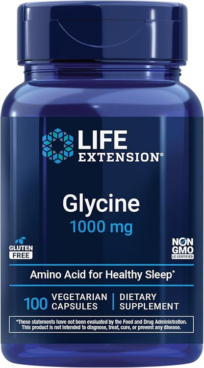 Life Extension Glycine, 1000 mg, Amino Acid That Promotes Healthy Sleep, Gluten-Free, Non-GMO, Vegetarian, 100 Capsules