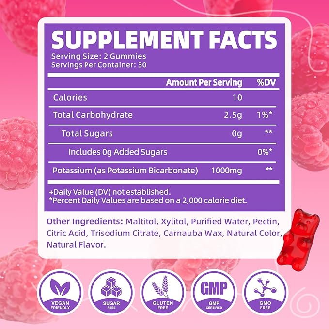 2 Pack Potassium Gummies 1000mg, Potassium Bicarbonate Supplement for Adults & Kids, Support Electrolyte Balance & Muscle Heath, Sugar-Free, Raspberry Flavor, 120 Count