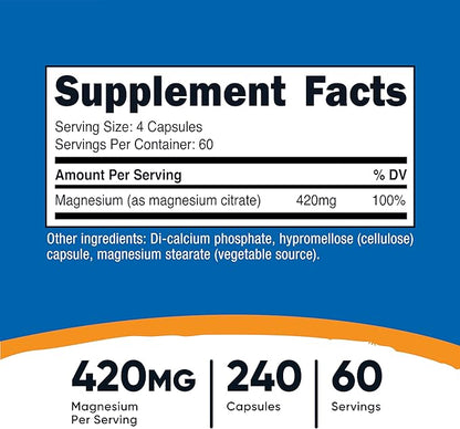 Nutricost Magnesium Citrate 420mg, 240 Veggie Capsules - 60 Servings, Gluten Free, Non-GMO, Vegetarian Friendly