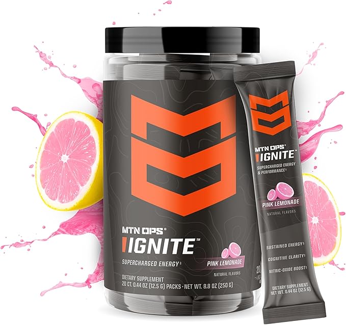 MTN OPS Ignite Sugar Free Energy Drink Powder Trail Packs with 200mg Caffeine, Travel Pre Workout Packets for to-Go Energy, Nootropic Blend, L Arginine & L Citrulline, 20 Servings, Pink Lemonade