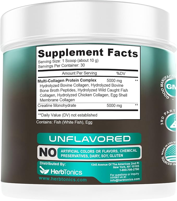 Herbtonics Creatine for Women 5000mg Creatine Monohydrate + Multi Collagen Protein Powder (Type I, II, III, V, X) – Lean Muscle, Recovery & Skin Support – Grass-Fed, No Bloat, Unflavored – 30 Servings