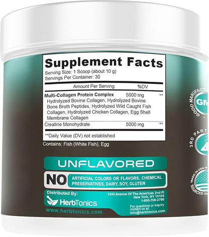Herbtonics Creatine for Women 5000mg Creatine Monohydrate + Multi Collagen Protein Powder (Type I, II, III, V, X) – Lean Muscle, Recovery & Skin Support – Grass-Fed, No Bloat, Unflavored – 30 Servings