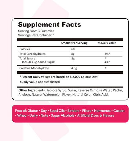 Create Creatine Monohydrate Gummies for Men & Women, Boost Focus, Strength, and Endurance, Anti-Melting Formula, Vegan, Gluten-Free, Non-GMO, 1.5g of Creatine per Gummy (Watermelon)