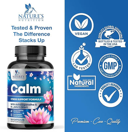 Stress Support Supplement - Extra Strength Ashwagandha, GABA, Magnesium, L-Theanine for Relief - Supports Mood & Focus - Naturally Calm, Unwind & Relax - Eases Tension & Nervousness - 120 Capsules