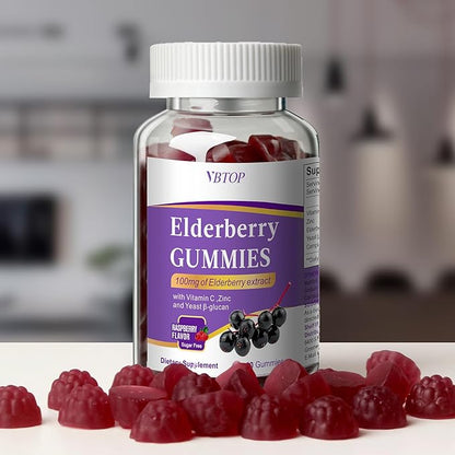 5-in-1 Sambucus Elderberry Immune Gummies, Daily Immune Support for Adults & Kids 4+, with Vitamin C, Zinc, Gluten Free, Vegetarian, Natural Sugar-Free Elderberry Supplement, 60 Gummies