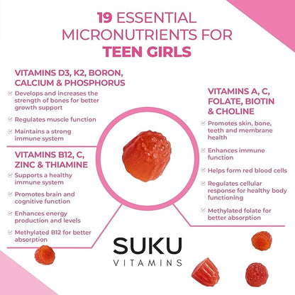 SUKU Teen Girl Multivitamin Gummies – Vitamins A, B12, C, D3, E, Biotin & Zinc – Sugar-Free Vegetarian Supplement for Skin, Energy, Immune & Bone Health – Cherry Flavor – 60 Count