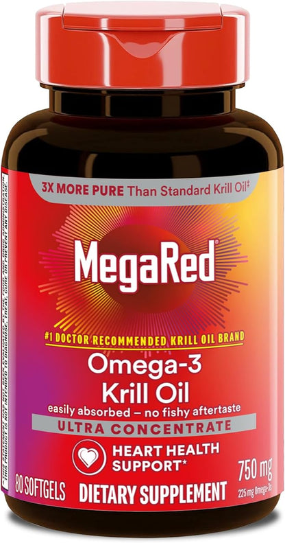 MegaRed Antarctic Krill Oil 750mg, Omega 3 Fatty Acid Supplement, Ultra Concentrate EPA & DHA Softgels, Antioxidant Astaxanthin, Heart Health Supplement with No Fish Oil Aftertaste, 80ct