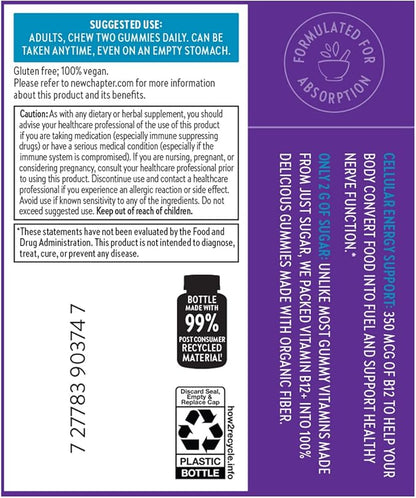 New Chapter® Organic Vitamin B12+ Gummies – 47% Less Sugar§, USDA Organic Vegan B12, Two Daily Gummies for Cellular Energy Support with Cordyceps, Non-GMO, Gluten Free, Raspberry Flavored, 60ct