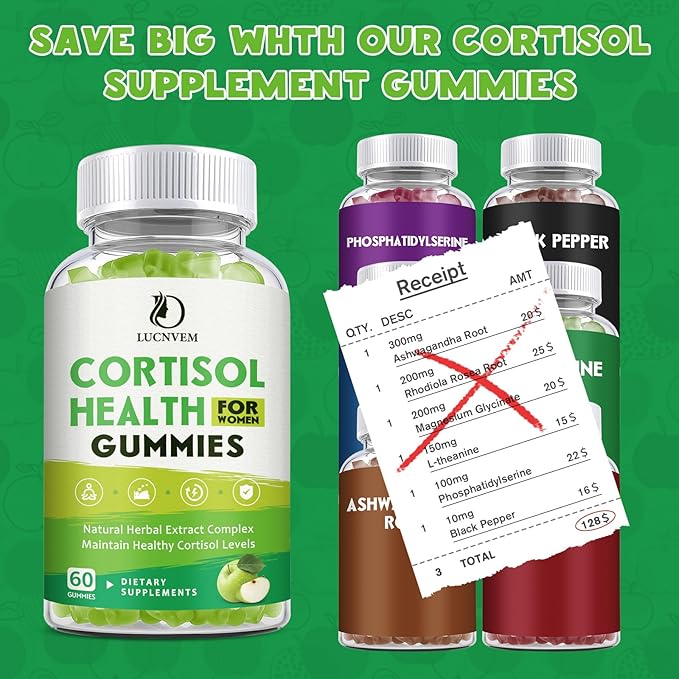 Cortisol Detox for Women Gummies, Cortisol Reducer Detox Manager, Magnesium Ashwagandha Rhodiola Rosea Herbal Complex for Mood/Focus & Sleep, Maintain Healthy Cortisol Levels - 30 Day Vegan Supply