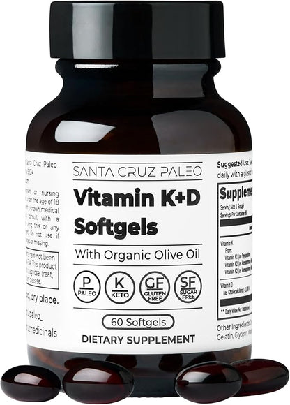 Santa Cruz Paleo Vitamin K2 + D3 Softgels, Daily Supplement with Organic Olive Oil, Includes Vitamin K1 & Two Forms of K2, Supports Heart & Bone Health, Gluten Free, Sugar Free, Paleo, Keto, 60 Count