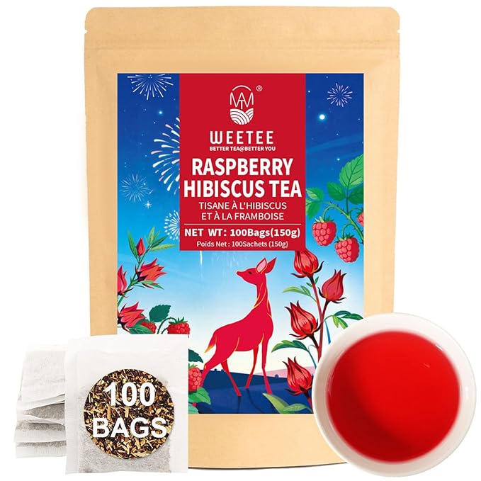 WT WEETEE Raspberry Hibiscus Herbal Tea Bags 100 Count, Hibiscus, Lemongrass & Rosehip Blend with Natural Raspberry Flavor, Caffeine Free, Hot or Iced Tea