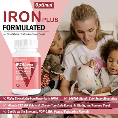 Iron Bisglycinate 30 mg with Vitamin C - High Absorption Iron Supplements for Anemia, Energy & Healthy Red Blood Cells - Gentle on Stomach, Non-Constipating, Non-GMO - 90 Vegan Capsules