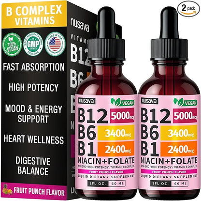 (2 Pack) Vitamin B12 and B6 Liquid Drops, B12 Sublingual Vitamin B Complex - B 12 Vitamin 5000mcg - B12 Methylcobalamin for Energy, Brain, and Heart Support with 27,200 mcg, Fruit Punch, 80 Servings