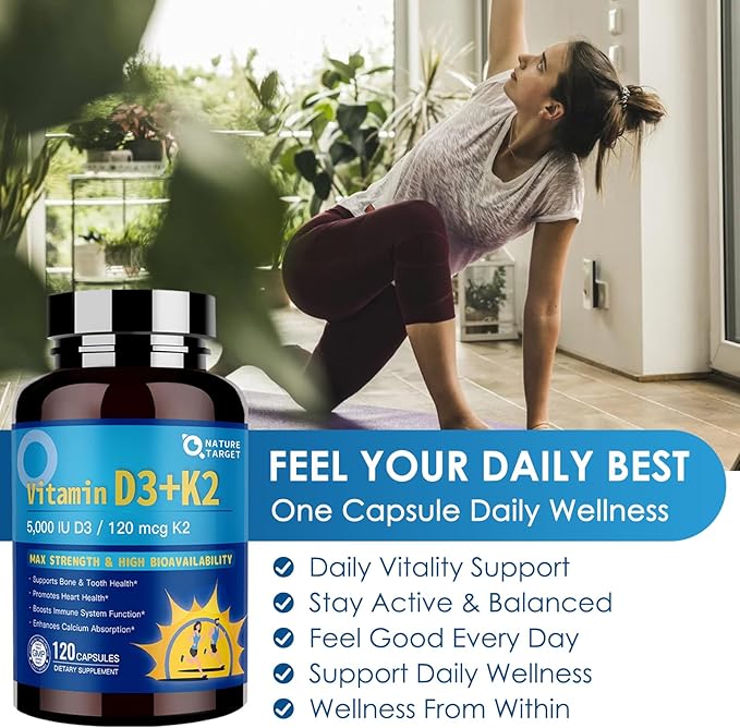 NATURE TARGET Vitamin D3 K2 with Calcium & Magnesium - 6-in-1 Complex - Max Strength for Bone, Heart & Immune - 5000 IU Vitamin D3, 120 mcg K2, Gluten-Free, 120 Servings