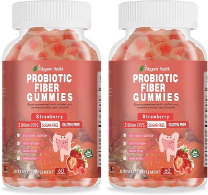 Probiotic Fiber Gummies for Adults, No Sugar Added Strawberry Flavor– 2 Billion CFUs –Vitamin C,Vitamin D–Digestive Health & Regularity Support(120 Count)