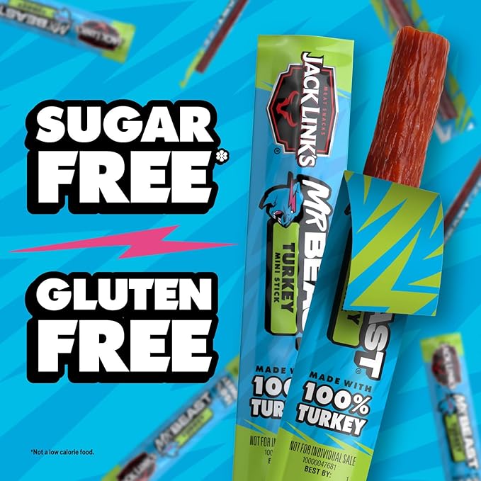 Jack Link’s x MrBeast Turkey Mini Sticks,As Seen on Beast Games,8g Protein,Made with 100% All Natural Turkey,Zero Sugar,Pantry-Ready Snacks,(Pack of 24)