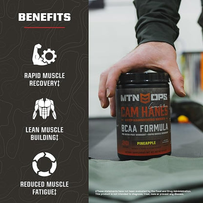 MTN OPS BCAA Powder 2:1:1 Amino Acids Supplement Powder for Rapid Muscle Recovery & Repair with Zero Sugar & Gluten Free - 30-Servings, Pineapple, Cameron Hanes Keep Hammering Series