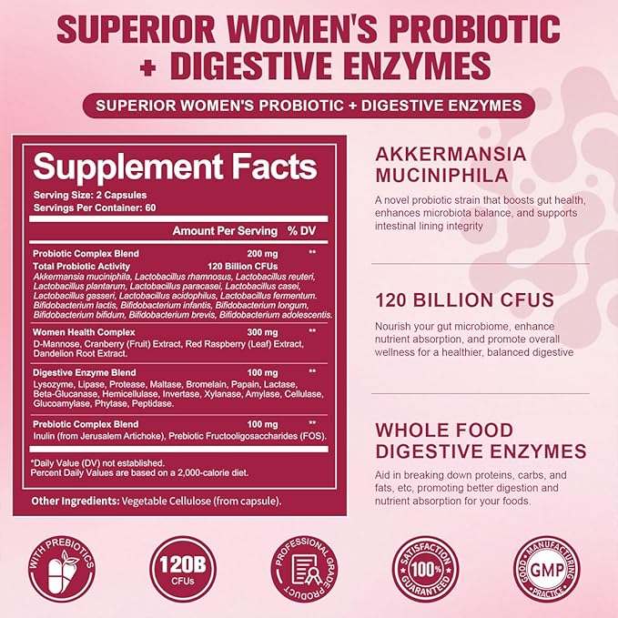Totaria (2 Packs) Probiotics for Women, 120 Billion Women Probiotic, Digestive Enzymes & Prebiotics, with Akkermansia, Cranberry, D-Mannose, for Gut, Urinary, Immune, PH Balance, 240 Vegan Capules