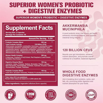 Totaria (2 Packs) Probiotics for Women, 120 Billion Women Probiotic, Digestive Enzymes & Prebiotics, with Akkermansia, Cranberry, D-Mannose, for Gut, Urinary, Immune, PH Balance, 240 Vegan Capules