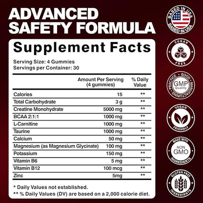 Creatine Monohydrate Gummies for Men & Women, 8500MG Creatine Gummies Sugar Free Strawberry Flavored with L-Taurine, BCAA 2:1, B12 B6 for Boost Strength, Focus & Endurance, Vegan, Non-GMO, 120pcs