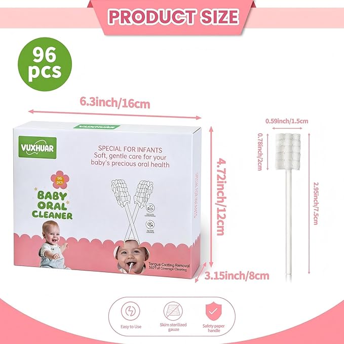 Baby Tongue Cleaner 96-Count, Newborn Oral Care Gauze Swabs – Soft Disposable Mouth Wipes for 0-36 Months, 2-Month Supply Travel-Pack Infant Tongue Brush Alternative