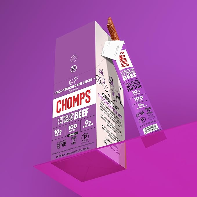 Chomps Grass-Fed and Finished Taco Beef Jerky Snack Sticks 10-Pack - Keto, Paleo, Whole30, 10g Lean Meat Protein, Gluten-Free, Zero Sugar Food, Non-GMO