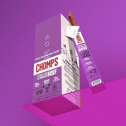 Chomps Grass-Fed Taco Beef Jerky Snack Sticks 24-Pack - Keto, Paleo, Whole30, 10g Lean Meat Protein, Gluten-Free, Zero Sugar Food, Non-GMO