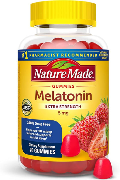 Nature Made Melatonin 5mg Adult Melatonin Gummies, 100% Drug Free Sleep Aid, 70 Gummies, Extra Strength Nature Made Melatonin