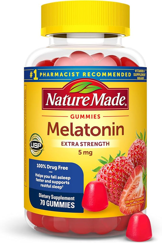 Nature Made Melatonin 5mg Adult Melatonin Gummies, 100% Drug Free Sleep Aid, 70 Gummies, Extra Strength Nature Made Melatonin