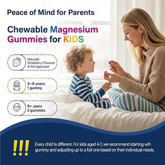 Kids Sleep Gummies NO Melatonin - Triple Magnesium Glycinate + Saffron, GABA, Berry & Nut Superfood Gummies, Sugar Free Nighttime Sleep Aid & Calm for Kids 4+ Teens, Relaxation, Brain & Muscle, 2Pack