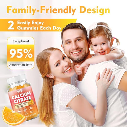 Calcium Citrate Gummies 1200 mg with Vitamin D3, K2, Magnesium, Zinc, Bone Support for Bones, Muscles & Joints,Immunity & Memory Support, 60 Count