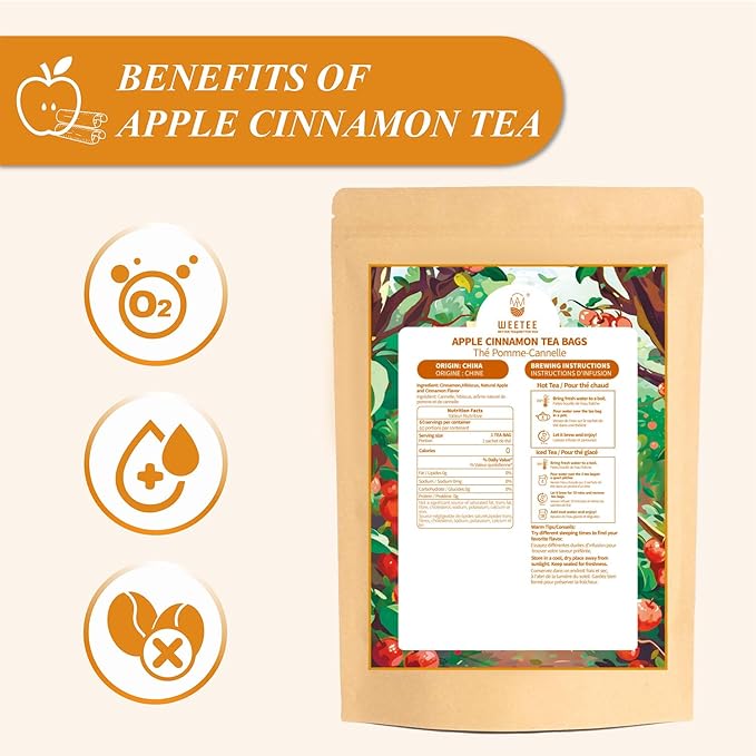 WT WEETEE Apple Cinnamon Herbal Tea Bags, 60 Count, Perfect Blend of Sweet Cinnamon, Tart Hibiscus, Natural Apple & Cinnamon Flavoring, Caffeine-free