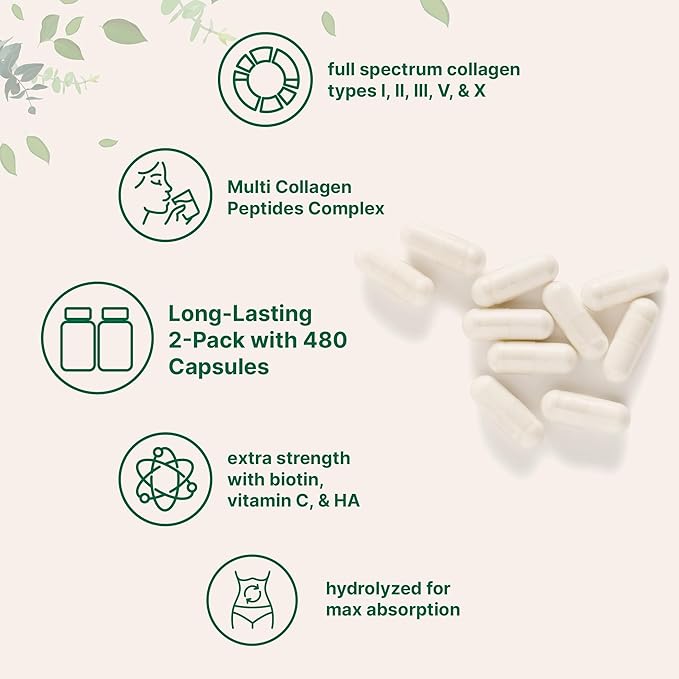 Micro Ingredients 2 Pack Multi Collagen Pills for Women & Men, 480 Capsules | Type I, II, III, V, X | Hydrolyzed Protein Peptides with Biotin, Hyaluronic Acid, & Vitamin C | Keto & Paleo Friendly