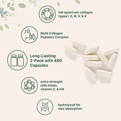 Micro Ingredients 2 Pack Multi Collagen Pills for Women & Men, 480 Capsules | Type I, II, III, V, X | Hydrolyzed Protein Peptides with Biotin, Hyaluronic Acid, & Vitamin C | Keto & Paleo Friendly