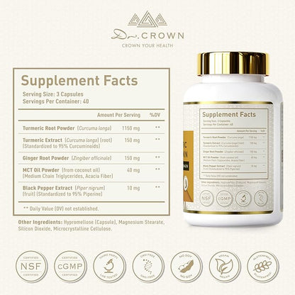 Turmeric Curcumin Supplement 1,500mg, 95% Standardized Curcuminoid with Ginger, MCT Oil, & Black Pepper for Better Absorption, for Antioxidant & Joint Support, 120 Capsules