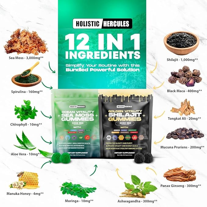 Holistic Hercules Sea Moss & Pure Himalayan Shilajit Gummies Gold | 100% Natural Organic Vegan | No Added Sugar | Ashwagandha Tongkat Ali Ginseng Spirulina Moringa Manuka Honey | 60 Gummies 2 Pack