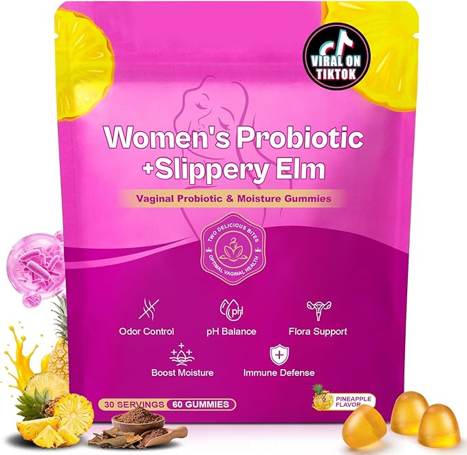 Slippery elm Feminine Probiotic + Moisture Gummies–Supports pH Balance, Vaginal Flora & Odor Health– with Bacillus coagulans and Slippery Elm – Delicious Pineapple Flavor, 60 Count.