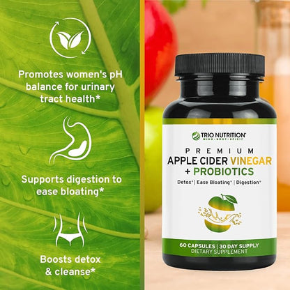 TRIO NUTRITION Apple Cider Vinegar Capsules with Multi-Strain Probiotics - Natural Sugar Free ACV Capsules with The Mother for Gut Health, Immunity, Body Cleanse & Healthy pH - Metabolism Booster*