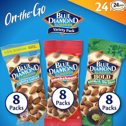 Blue Diamond Almonds Snack Nut Variety Pack for Kids, Office, School, On-the-go, 0.75 oz Gluten Free Individual Packs, Wasabi & Soy Sauce, Lightly Salted, and Smokehouse (Pack of 1,24 Count Total)