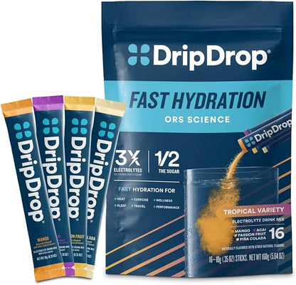 DripDrop Hydration Packets - Tropical Variety Pack - Single Serve Electrolytes Powder Drink Mix - Mango, Açaí, Passion Fruit, Piña Colada - Non-GMO, Gluten Free, Vegan - 16 Sticks