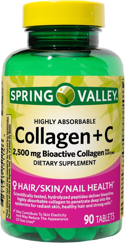 Spring Valley Collagen + C Tablets for Hair/Skin/Nail Health, 2,500 mg, 90 Count, Highly Absorbable, Collagen Plus Vitamin C Bundle with Luall's 45 Diabetes Decoded