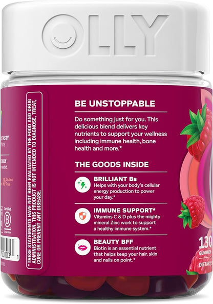 OLLY Women's Daily Multivitamin Gummy, Vitamins A, D, C, E, Biotin, Folic Acid, Adult Chewable Vitamin, Berry Flavor, 65 Day Supply - 130 Count