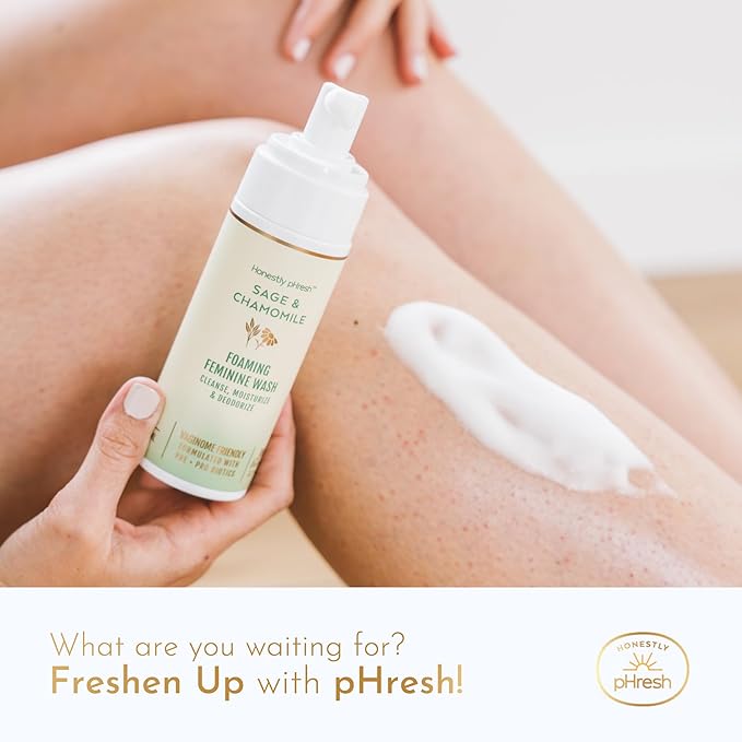 Honestly pHresh Foaming Feminine Wash for Women – pH Balanced Natural Intimate Cleanser with Prebiotics & Probiotics. Vegan, Sensitive Skin Safe. Made In USA - Sage & Chamomile Scent, 5 oz