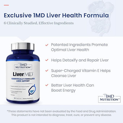 1MD Nutrition 1MD LiverMD - Liver Support Supplement | Siliphos Milk Thistle Extract - Highly Bioavailable, for Liver Support | 180 Capsules (3-Pack)