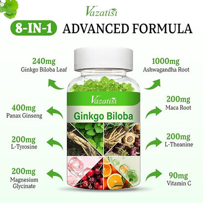 Ginkgo Biloba Gummies 240mg with Panax Ginseng for Better Mood and Focus, Booster Brain Health, 60 Vegan Apple Flavor Gummies